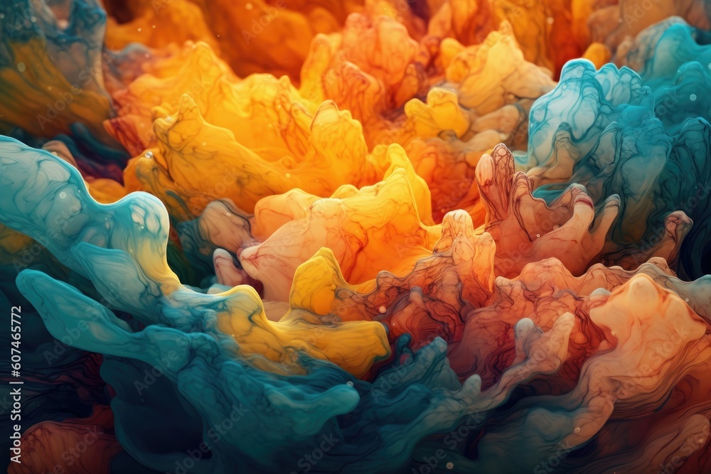 Fototapeta premium Abstract fluid smoke 3D background in tetriadic colors forming abstract surreal macro landscape, generated with AI, retouched with Photoshop