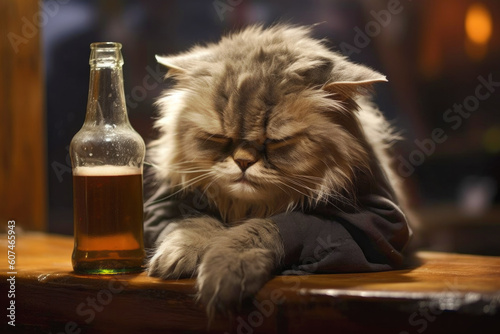 Drunk and depressed anthropomorphic cat sitting alone in a bar with beer bottle, symbolizing the struggles of modern life