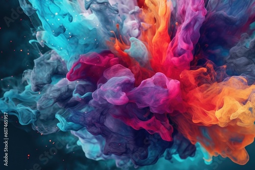 Abstract fluid smoke 3D background in tetriadic colors forming abstract surreal macro landscape, generated with AI, retouched with Photoshop