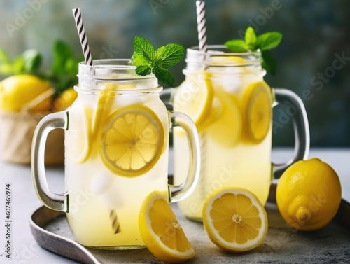 Homemade refreshing summer lemonade drink with lemon slices and ice in mason jars. AI generative