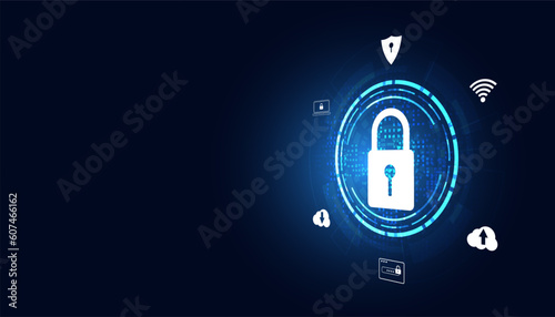 Abstract padlock digital circuit board and icons concept cyber theft protection cyber security On a modern blue background