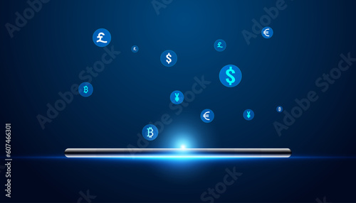 Abstract phone and currency concept fintech digital finance online transaction Cryptocurrency exchange On a blue background, modern, digital, futuristic.