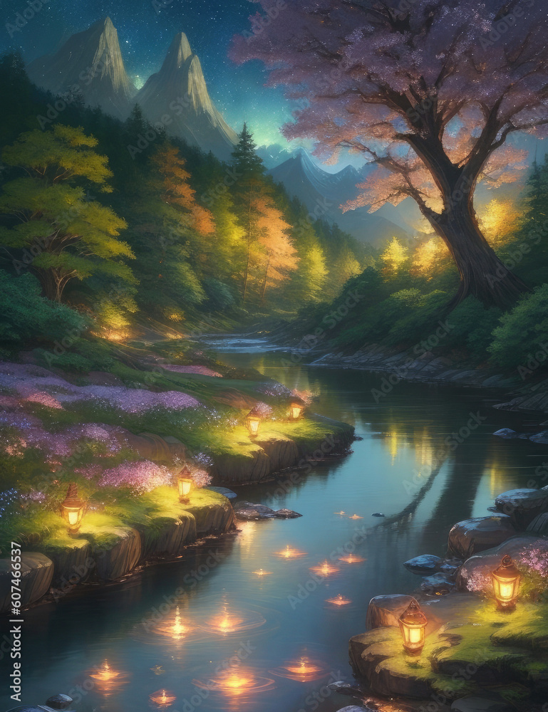 Ai generated art, generative Ai, beautiful fantasy forest, magical fantasy forest, beautiful night forest, beautiful fantasy forest In the enchanting embrace of the night, The scent of blooming flower