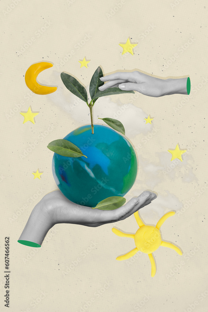 Eco friendly concept collage picture of hands holding planet earth save world growing green plant flowers isolated on beige background - obrazy, fototapety, plakaty 