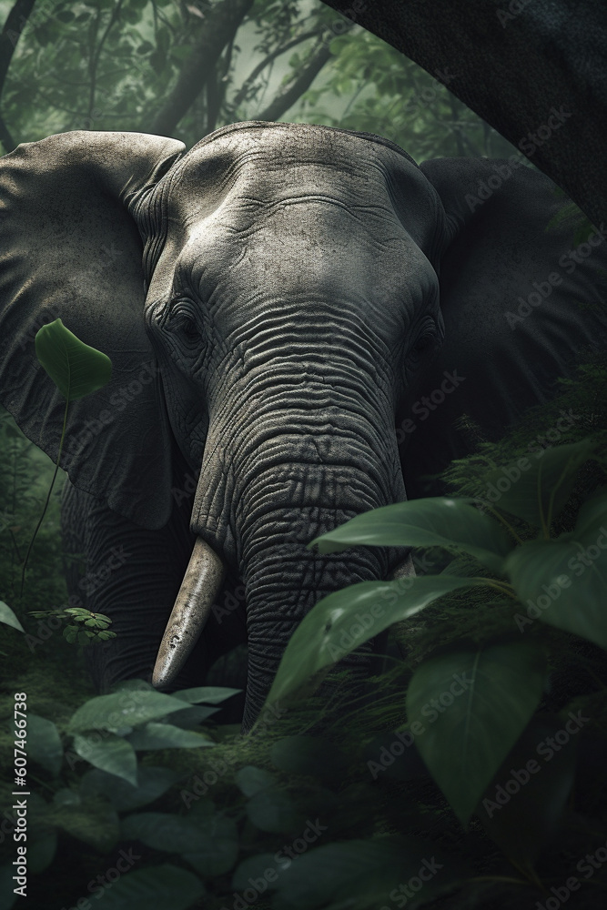 Elephant head portrait seen trough jungle trees and lush leaves. Generative AI Elephant head portrait seen trough jungle trees and lush leaves. Generative AI