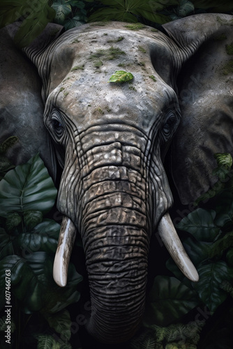 Elephant head portrait seen trough jungle trees and  lush leaves. Generative AI