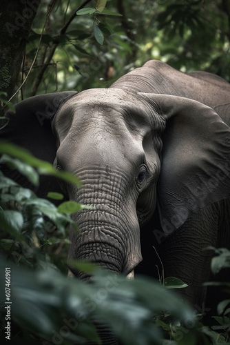 Elephant head portrait seen trough jungle trees and lush leaves. Generative AI