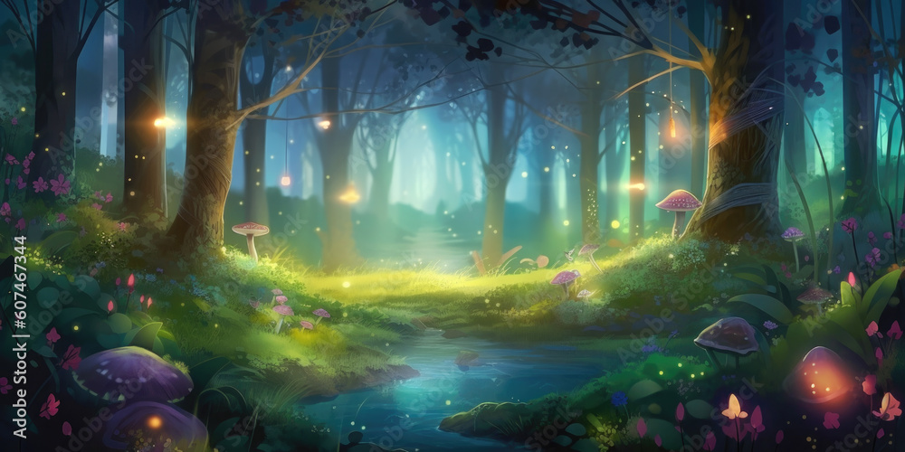 Misty fairy tale forest at night illuminated by the soft moonlight, with growing mushrooms and blooming flowers