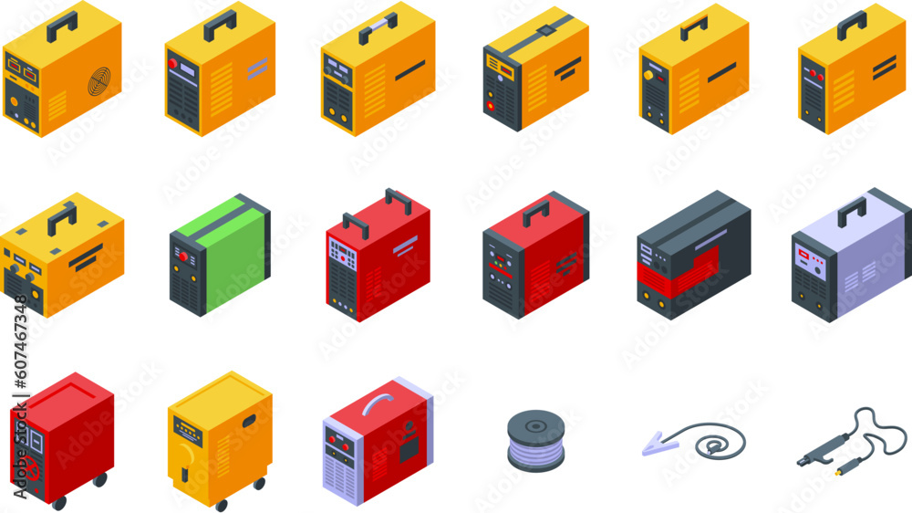 Welding machine icons set isometric vector. Cable material. Engineer steel