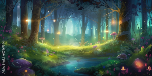 Misty fairy tale forest at night illuminated by the soft moonlight, with growing mushrooms and blooming flowers © ChaoticDesignStudio