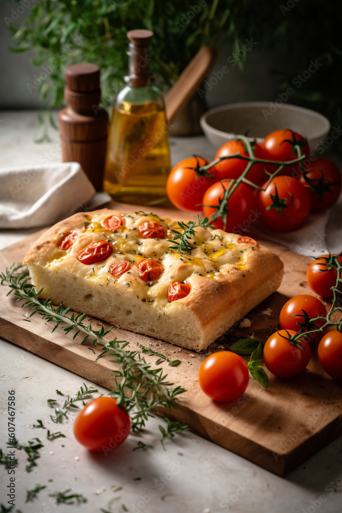 Focaccia with tomatoes and fresh herbs on wooden table. Generative AI Focaccia with tomatoes and fresh herbs on wooden table. Generative AI