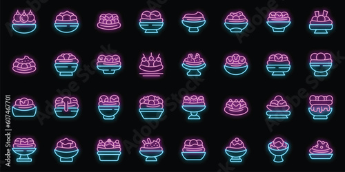 Banana split icons set outline vector. Cream calories. American dessert neon color on black