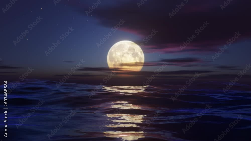 Full moon over the ocean at night. Stylized looped animation. 3d render.