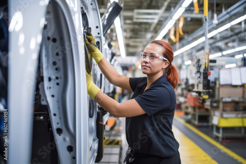 Confident female worker skillfully operating high-tech machinery in a modern automotive manufacturing setting, candid shot, generative ai photo