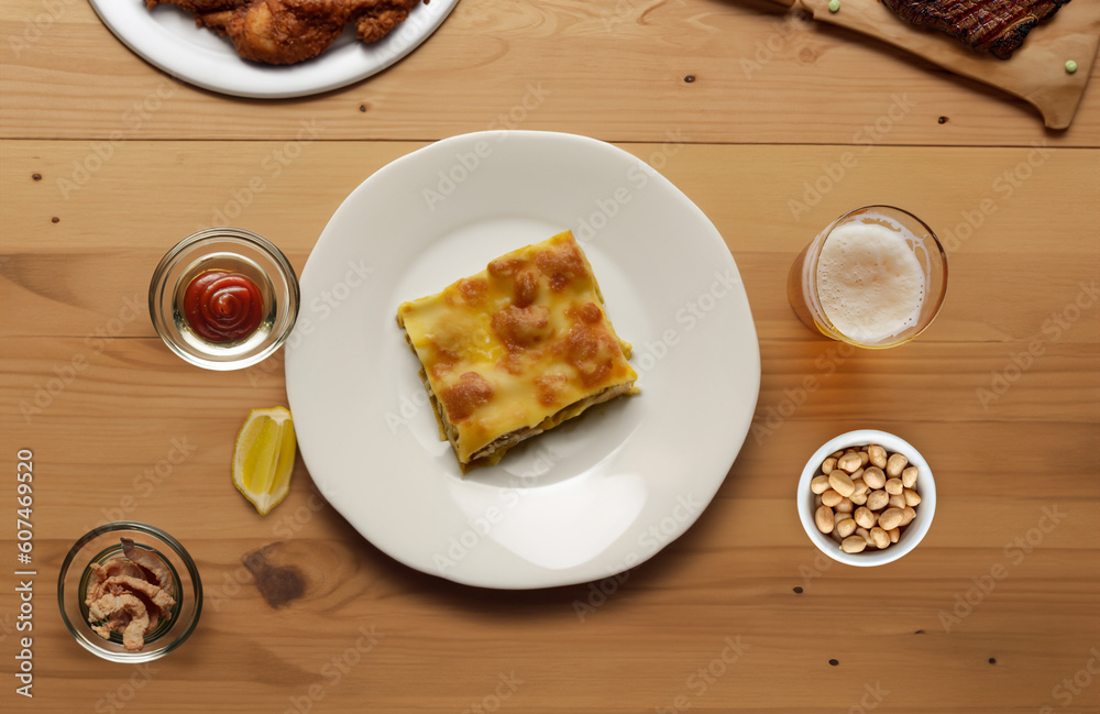 Wooden table with various foods for happy hour. Main dish lasagna. Fried chicken, roast beef, lemon, crackling, peanuts and a glass of beer. Top View. Wooden table with various foods for happy hour. Main dish lasagna. Fried chicken, roast beef, lemon, crackling, peanuts and a glass of beer. Top View.