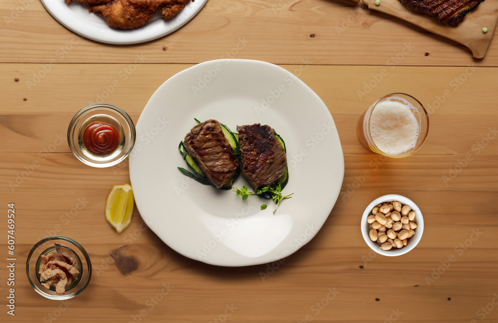 Wooden table with various foods for happy hour. Main dish two beef steaks. Fried chicken, roast beef, lemon, crackling, peanuts and a glass of beer. Top View. Wooden table with various foods for happy hour. Main dish two beef steaks. Fried chicken, roast beef, lemon, crackling, peanuts and a glass of beer. Top View.