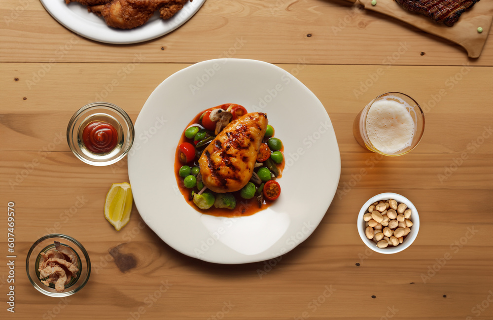 Wooden table with various foods for happy hour. Main dish chicken sauce. Fried chicken, roast beef, lemon, crackling, peanuts and a glass of beer. Top View. Wooden table with various foods for happy hour. Main dish chicken sauce. Fried chicken, roast beef, lemon, crackling, peanuts and a glass of beer. Top View.
