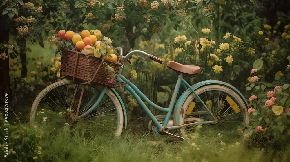 a bike with flowers and apples on the grass, in the style of light teal and yellow.