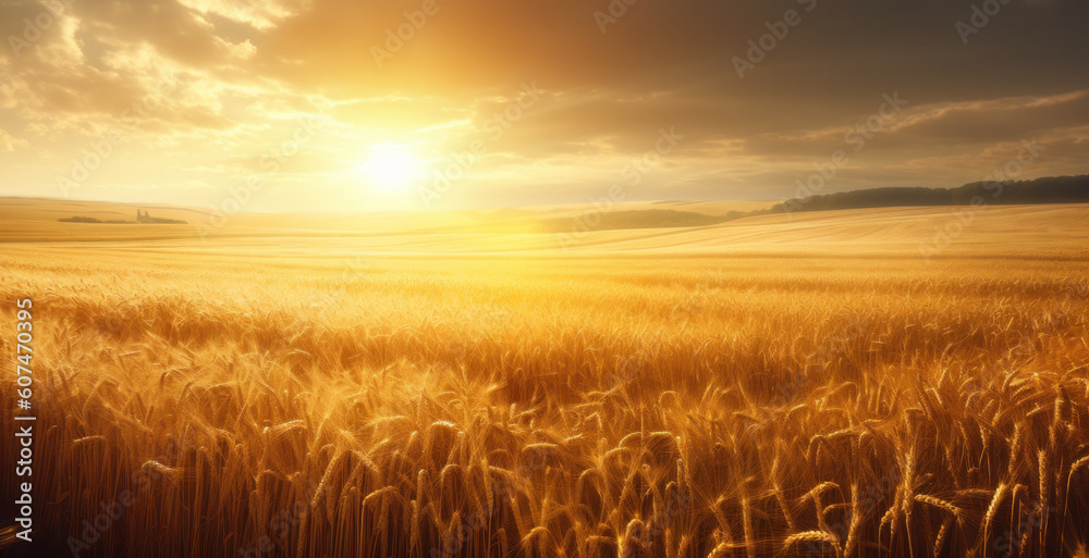 Landscape panorama of wheat fields with setting golden sun