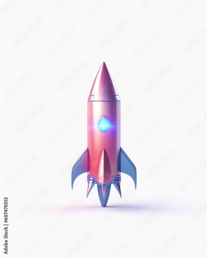 3D Purple Rocket with fire isolated on white background.