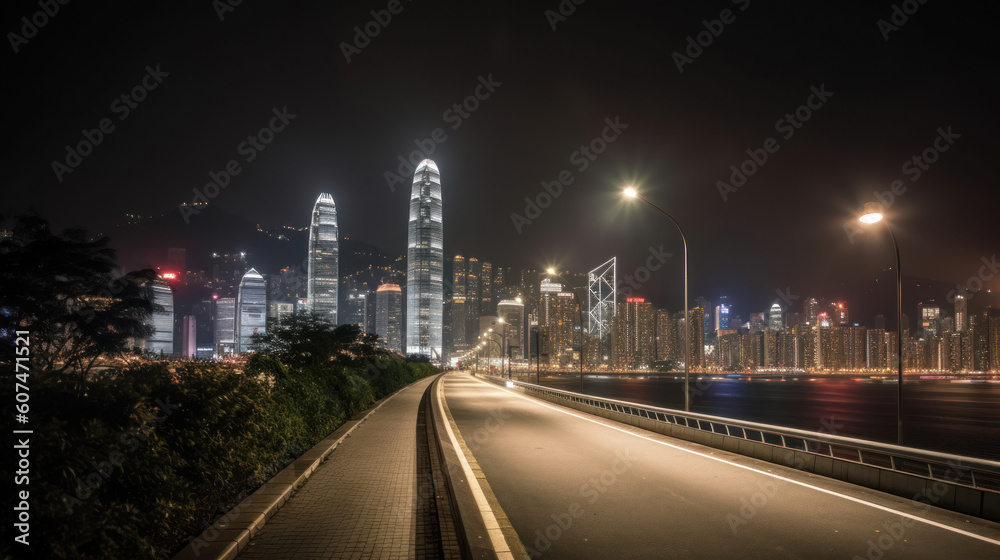 Hong Kong City Skyline from Avenue of Stars at Nighttime
