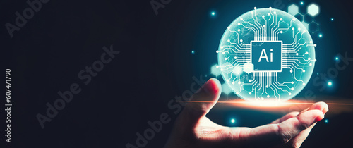 Artificial intelligence and Automated machine connect learning language blue digital with businessman hand background. Cybersecurity and computer vision metaverse twin drive business industrial theme.