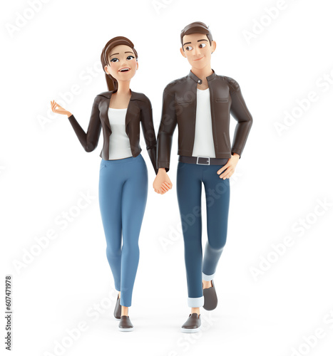 Fototapeta Naklejka Na Ścianę i Meble -  3d cartoon man and woman walking hand in hand