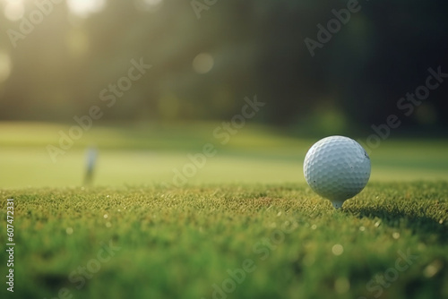 Golf ball on green lawn of golf course. Close up view. Generative AI