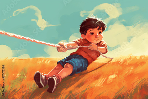 illustration of kid playing pull the rope and have fun laying on a sunny day made with Generative AI