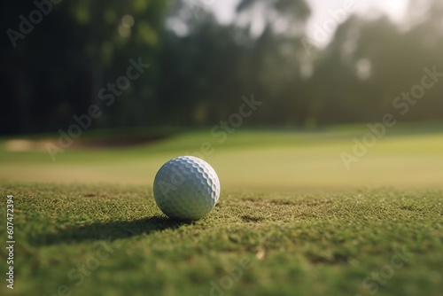 Golf ball on green lawn of golf course. Close up view. Generative AI