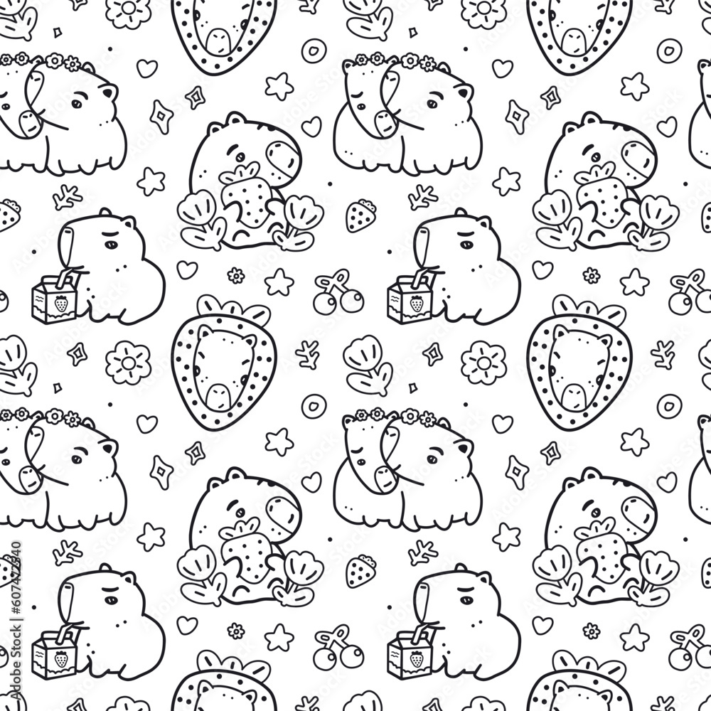 Black and white seamless pattern with strawberry, capybara and tulips for girly design. Cute background for textiles, print for fabric, wrapping paper.
