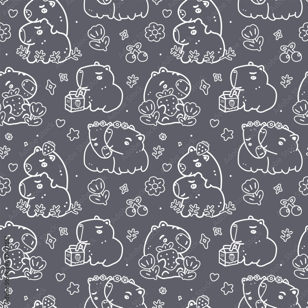 Seamless pattern with capybaras and doodles on gray background for girly design. Cute background with animals in love for textiles, print for fabric, wrapping paper. Seamless pattern with capybaras and doodles on gray background for girly design. Cute background with animals in love for textiles, print for fabric, wrapping paper.