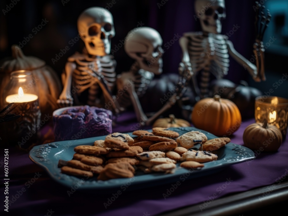 A Tray of Spooky Skeleton-shaped Cookies on a Halloween-themed Table Setting. Halloween Sweet Food Photography A Tray of Spooky Skeleton-shaped Cookies on a Halloween-themed Table Setting. Halloween Sweet Food Photography