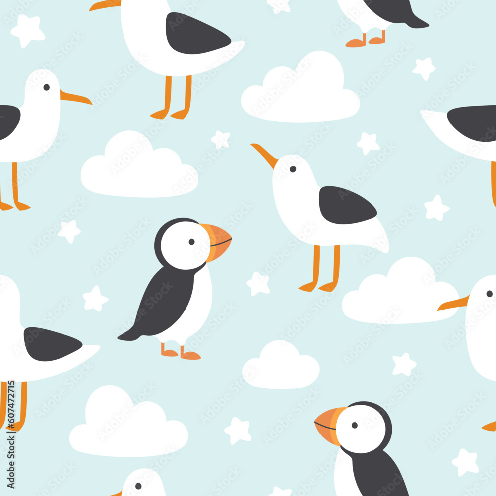 Fototapeta premium Seagulls and Puffin seamless pattern, vector illustration