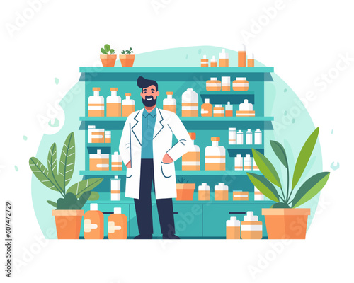 
Pharmacy infographic elements. The pharmacist shows the medicines on the showcase. Pharmacy set. Doctor