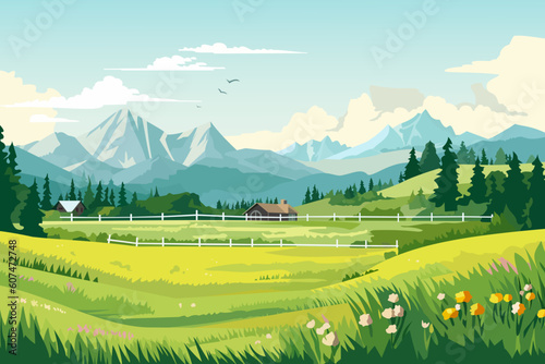 Beautiful landscape of mountains and fields. Farm landscape against the backdrop of beautiful mountains. Gorgeous landscape for a postcard or background. House, farm, fields, meadows, mountains.