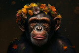 Monkey portrait with flowers and leaves. Creative animal portrait. Generative Ai