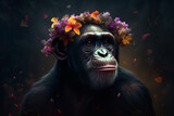 Monkey portrait with flowers and leaves. Creative animal portrait. Generative Ai