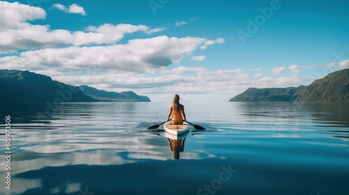 A woman sitting on a paddle board in the middle of a body of water. Generative AI image. photo