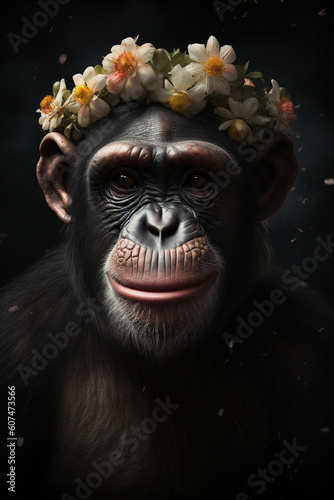 Monkey or chimpanzee portrait with flowers and leaves. Creative animal portrait. Generative Ai