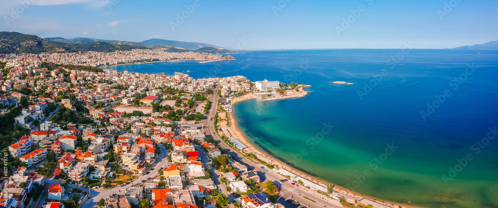 Aerial view of beach and sea in Kavala city, Macedonia, Greece, Europe