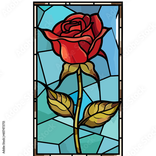 simple flat designed rose flower with stalk, linear style, stained glass
