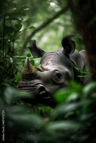 Rhino head portrait seen trough jungle trees and lush leaves. Generative AI
