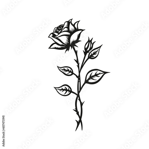 simple abstract flat designed rose flower with stalk, linear style, black and white