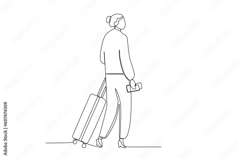 A woman walks with a suitcase. Airport activity one-line drawing A woman walks with a suitcase. Airport activity one-line drawing