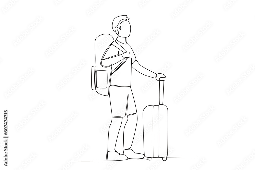 A passenger carrying many bags. Airport activity one-line drawing