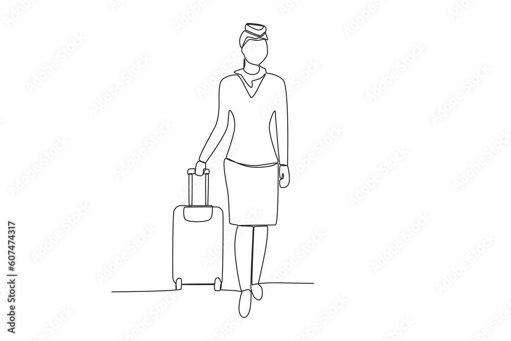 A flight attendant carrying a suitcase. Airport activity one-line drawing A flight attendant carrying a suitcase. Airport activity one-line drawing