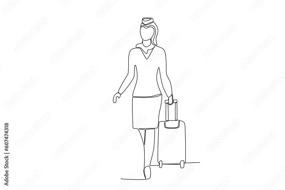 A flight attendant walking in the airport. Airport activity one-line drawing