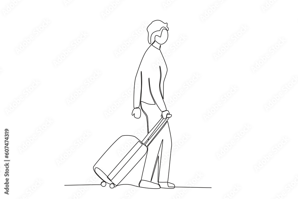 A man carries a suitcase at the airport. Airport activity one-line drawing