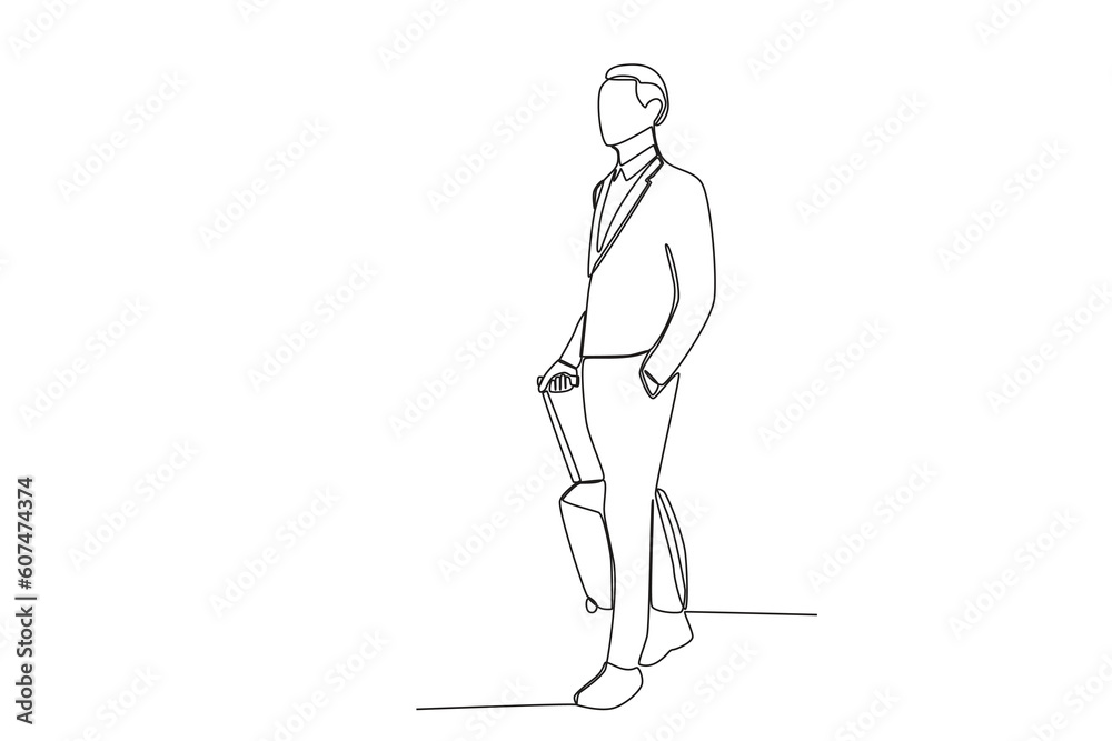 A man wearing a suit carrying a suitcase. Airport activity one-line drawing